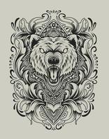 illustratie vector boos beer hoofd met vintage gravure ornament