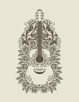 illustratie vector akoestische gitaar met bloem ornament