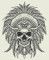 illustratie vector indische apache schedel hoofd zwart-wit stijl