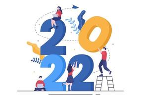 Gelukkig Nieuwjaar 2022 sjabloon platte ontwerp illustratie met linten en confetti op een kleurrijke achtergrond voor poster, brochure of banner vector