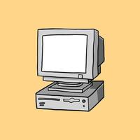 oude computer illustratie in een cartoon op een gele achtergrond. vroege computermodel icoon. desktop monitor doodle in vectorafbeelding. vector
