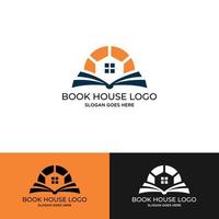 logo ontwerp het huis in combinatie met boeken symboliseert de bibliotheek. u kunt het gebruiken voor uw huis- of bibliotheeklogo of leeshoek of iets anders. vector
