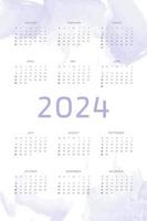 2024 kalendersjabloon op Lila paarse hand getekende achtergrond met aquarel penseelstreken. kalenderontwerp voor print en digitaal. week begint op zondag vector