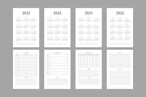 2022 2023 2024 2025 kalender en dagelijkse wekelijkse maandelijkse persoonlijke planner dagboeksjabloon. maandelijkse kalender individueel schema minimalistisch ontwerp voor zakelijke notebook vector