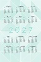 groenblauw groen 2027 kalender op achtergrond met moderne mozaïek driehoeken. verticaal kalenderontwerp voor print en web. week begint op zondag vector