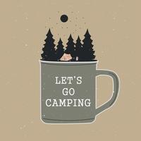 bos en tent op een campingmok, inscriptie. het concept van openluchtrecreatie. voor het bedrukken van T-shirts, posters en andere doeleinden. vector