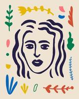 vector vrouw kunst poster. matisse geïnspireerd handgetekend eigentijds portret voor print kunst aan de muur decor, retro stijl. abstracte collagevormen.