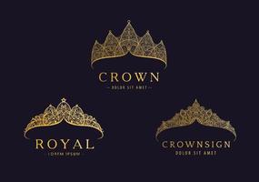 vector set van abstracte luxe, koninklijke gouden bedrijf logo pictogram ontwerp. elegante kroon, tiara, diadeem premium symbool. handgetekende kanten sieraden, arabisch, restaurant, hotellogotype.