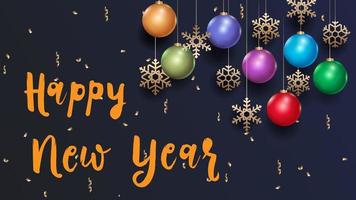 happy new year viering poster met gekleurde glazen bollen en sneeuwvlokken vector