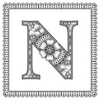 letter n gemaakt van bloemen in mehndi-stijl. kleurboek pagina. schets hand-draw vectorillustratie. vector