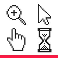 zwart-wit pijl, hand, vergrootglas en zandloper pixel muis cursor iconen vector illustratie set