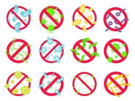 12 stop virussen en slechte bacteriën of ziektekiemen verbodsteken. vector