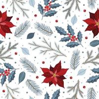 naadloos patroon met kerstboomversieringen, pijnboomtakken, poinsettia, bessen. vector