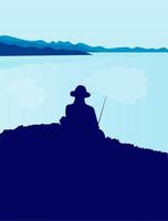 vectorillustratie van een man met een hoed die in het meer vist. platte illustratie vector