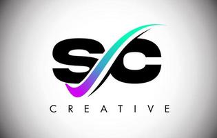sc letter logo met creatieve swoosh gebogen lijn en vet lettertype en levendige kleuren vector