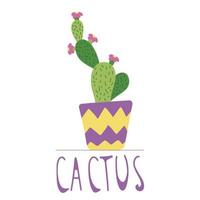 hand getekende cactus in een kleurrijke keramische pot, doodle stijl, geïsoleerd op een witte achtergrond. vector