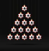 creatieve kerstboom gemaakt door pokerchip op zwarte achtergrond voor kerstmis en nieuwjaarsviering. xmas en nieuwjaar wenskaart casino chip bauble boom. vector