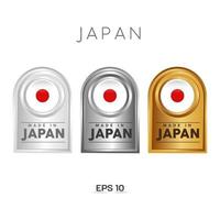 gemaakt in Japan label, stempel, badge of logo. met de nationale vlag van japan. op platina, goud en zilver kleuren. premium en luxe embleem vector