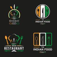 Indiaas eten restaurant logo. india vlagsymbool met lepel, vork, snor en mes pictogrammen. premium en luxe logo vector
