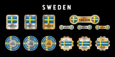 gemaakt in Zweden label, stempel, badge of logo. met de nationale vlag van zweden. op platina, goud en zilver kleuren. premium en luxe embleem vector