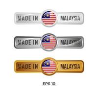 gemaakt in Maleisië label, stempel, badge of logo. met de nationale vlag van Maleisië. op platina, goud en zilver kleuren. premium en luxe embleem vector