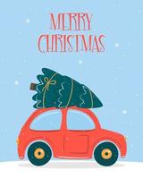 kerst rode auto met kerstboom. Vrolijk Kerstfeest. platte cartoon stijl vectorillustratie. kerstkaart. vector