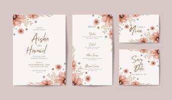 set van huwelijksuitnodiging met mooie boeket bloemen aquarel vector