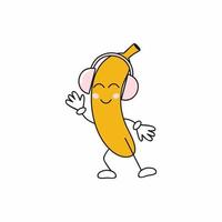 grappige smiley banaan in koptelefoon dansen op de muziek. fruitemoticons met verschillende emoties. rust en ontspanning. kinder cartoon afbeelding. vector