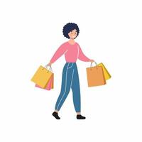 een meisje gaat winkelen vanuit het winkelcentrum. een vrouw draagt boodschappentassen in haar handen. acties, kortingen en uitverkoop. vector plat vrouwelijk karakter.