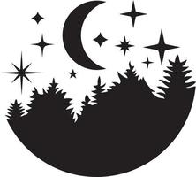 bos, maan en sterren silhouet vector