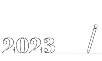 één lijntekeningstijl met een pen aan de rechterkant en 2023 aan de linkerkant, het jaar van de heer. concept over schrijven, eenvoudig, jaarlijks, vieren, jubileum en etc. vector