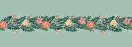 Kerstmis en Nieuwjaar naadloos patroon met takken, bloemen en decoratie, leuke en feestelijke achtergrond, ideaal voor textiel, inwikkeling, banners, wallpapers. vectorontwerp. vector