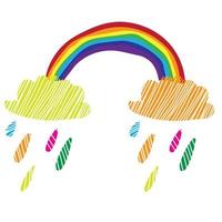 schattige doodle vector regenboog met regenachtige wolken