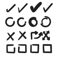 doodle handgetekende vinkjes. doodle v-teken voor lijstitems, krijtpictogrammen voor selectievakjes en schetsvinkjes. vector checklist markeert icon set