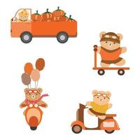 vector - collectie van teddybeer rijden vrachtwagen met pompoen, rijden motorfiets met ballon, scooter spelen. kan worden gebruikt voor afdrukken, papier, sticker. vervoer, herfstseizoen.