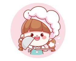 schattig meisje chef-kok met dienblad schotel plaat over banner logo cartoon kunst illustratie vector