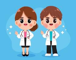 jonge mannelijke arts en jonge vrouwelijke arts wijzende vinger gezondheidszorg en medisch concept getekende cartoon kunst illustratie vector