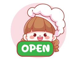 schattig meisje chef-kok met groene open teken banner logo cartoon kunst illustratie vector