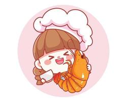 schattig meisje chef-kok met garnalen zeevruchten banner logo cartoon kunst illustratie vector