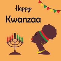 Afrikaanse vrouw met zeven kaarsen in een kandelaar. gelukkige kwanzaa-wenskaart. vector