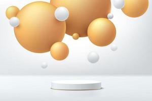 realistisch 3d wit en goud cilinder voetstuk podium met bol bal vliegen. vector abstracte studio kamer met geometrische platform. luxe minimale wandscène voor productenshowcase, promotiedisplay.