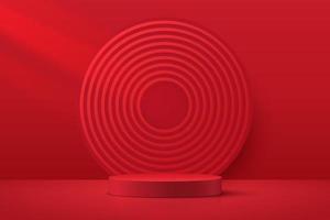 rood ealistic 3d cilindervoetstukpodium met de achtergrond van lagencirkels. Chinese rode minimale muurscène voor productenshowcase, promotievertoning. vector abstracte studioruimte met platformontwerp.