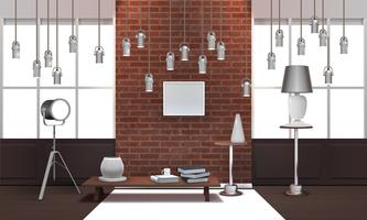 Realistische loft interieur met hangende lampen vector