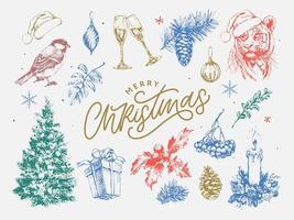kerstset 2022 nieuwjaar en kerstsymbolen, kerstboom, tijger, santa, kegel, kaneel, glazen, kaars, speelgoed, geschenken, schetsillustraties.vector. vector