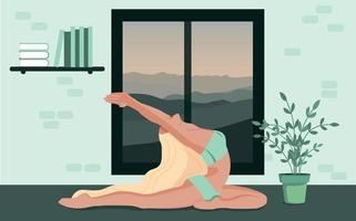 schattig meisje doet yoga houdingen. jonge vrouw levensstijl in interieur. schoonheid en geestelijke gezondheid. vector illustratie