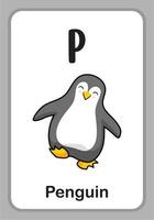 dierenalfabet onderwijs flashcards - p voor pinguïn vector