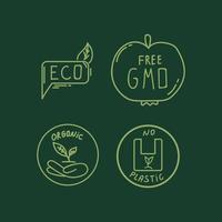 een reeks energiebesparende pictogrammen. geschilderde doodle-omgeving, geen plastic, ggo-vrij. groen op een donkere achtergrond. vector illustratie