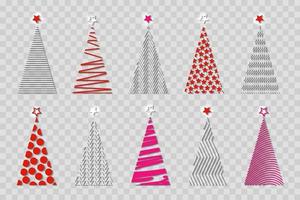 set van kleurrijke vector gestileerde kerstboom, logo pictogram feestelijk, reliëf geometrische boom, geïsoleerd op transparante achtergrond