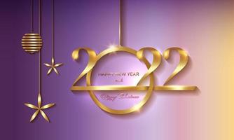 2022 luxe kerstvakantiebanner met gouden handgeschreven prettige kerstdagen en gelukkig nieuwjaar, goudkleurige kerstballen. vectorillustratie geïsoleerd op kleurrijke achtergrond vector