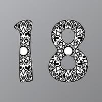 nummer 18 met mandala. decoratief ornament in etnische oosterse stijl. kleurboekpagina vector